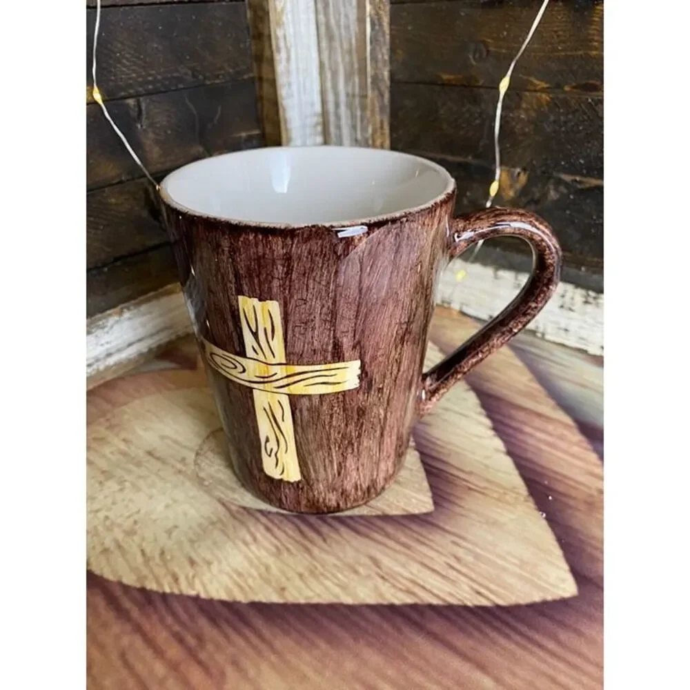 Rustic Woodgrain Faith Themed Peek A Boo Coffee Tea Cup Mug 4.5 X 3.5 in
